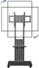 A mobile TV stand with a screen outline indicating its size and adjustability. Produktbild-Vorschau