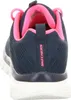 The back view of a navy blue Skechers sneaker with pink accents. Voir les images du produit