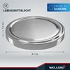 A silver metal lid for a jar, with dimensions and product information indicated. Produktbild-Vorschau