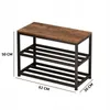 A shoe rack with a wooden top and metal frame, shown with dimensions indicated by text overlays. Produktbild-Vorschau