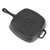 The back of a black square cast iron grill pan is shown against a white background. Produktbild-Vorschau