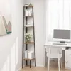 A corner bookshelf with decorative items and books, placed next to a desk with a computer. Produktbild-Vorschau