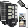 A collage of images showing a solar-powered LED street light, its components, and its application in different settings. Voir les images du produit