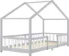 A light gray and white wooden children's bed frame with a house-shaped top structure and a slatted base. Náhled obrázku produktu