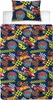 A bedding set with a Hot Wheels theme, featuring cars and checkered flags. Voir les images du produit