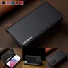 A collage of images showing a black flip-style phone case with a textured finish, a phone inside the case, and a close-up of the case's stitching and branding. Produktbild-Vorschau