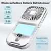 A white handheld fan with text overlays and graphics illustrating its battery life and capacity. Produktbild-Vorschau