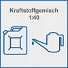 An illustration showing a fuel can and a watering can with a drop of liquid, indicating a fuel mixture ratio. Produktbild-Vorschau