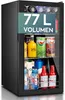 A black mini refrigerator filled with various beverages and cans, with a promotional overlay indicating its volume. Produktbild-Vorschau