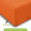 A close-up of an orange fitted sheet, with text overlays indicating product features. Produktbild-Vorschau