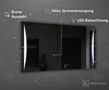 A modern bathroom mirror with integrated LED lighting, showcasing its features with text overlays. Produktbild-Vorschau
