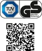 The image shows certification logos and a QR code. Produktbild-Vorschau