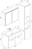 A technical drawing of a bathroom furniture set, including a vanity with a sink, a wall-mounted cabinet, and a tall cabinet. Produktbild-Vorschau