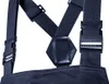 A close-up view of the navy blue suspenders and buckles of a pair of work pants. Náhled obrázku produktu