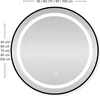 A round LED mirror with a black metal frame, shown from the front on a light gray background. Dimensions and size options are indicated with text and arrows. Produktbild-Vorschau
