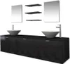 A modern bathroom vanity set with two sinks, faucets, and shelves against a white background. Náhled obrázku produktu