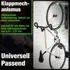 A bicycle is mounted on a wall rack, with text overlays describing its features. Produktbild-Vorschau