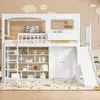 A white loft bed with a slide, shelves, and a closet, set in a child's room with decorative clouds on the wall. Produktbild-Vorschau