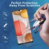 A hand holding keys and a utility knife is about to scratch a smartphone screen protected by a screen protector. Produktbild-Vorschau