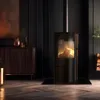 A modern living room with a black wood-burning stove, a wooden cabinet, and a herringbone wooden floor. Anteprima dell’immagine prodotto