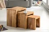 A set of three wooden nesting tables are displayed on a light-colored floor. Produktbild-Vorschau