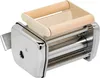 A chrome-plated pasta maker with wooden handles and a cream-colored dough tray. Voir les images du produit