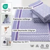 A collage of images and text highlighting product features, with a focus on a folded blue checkered tea towel. Produktbild-Vorschau
