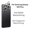 A black smartphone case with camera lens protectors is shown next to text describing its features. Produktbild-Vorschau