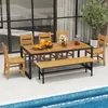 An outdoor dining set with a wooden table, chairs, and bench is placed on a tiled patio next to a swimming pool. Podgląd zdjęcia produktu