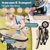 A woman holding a baby next to a stroller, with icons and text highlighting storage and transport options. Produktbild-Vorschau