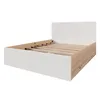 A modern bed frame with a white slatted headboard and a wooden and white base with storage drawers. Produktbild-Vorschau