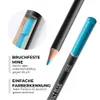 Close-up of two colored pencils, one sharpened and one with its cap on, with text highlighting features. Produktbild-Vorschau
