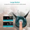 An elderly couple is blurred in the background, while a close-up of a neckband headphone is shown in the foreground with a finger pressing a button. Produktbild-Vorschau