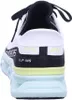 The back view of a white and black Skechers slip-on sneaker with a light blue sole. Voir les images du produit