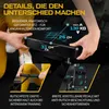 A close-up marketing image showing details of a rowing machine, with text overlays highlighting features and dimensions. Produktbild-Vorschau