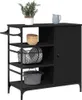 A black kitchen cart with shelves and a cabinet, displaying kitchenware. Podgląd zdjęcia produktu