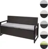 A poly-rattan storage bench with a gray cushion, shown against a white background. Small circular insets on the right show different color options for the cushion. Náhled obrázku produktu