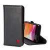 A black leather wallet case for an iPhone is shown open, displaying the phone screen and a red bull logo on the case. Produktbild-Vorschau