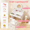 A child's vanity set with various accessories and toys, presented in a marketing-style image with overlaid text highlighting features. Náhled obrázku produktu