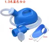 A blue portable urinal for women with a hose and funnel attachment, shown against a white background with measurement indicators. Produktbild-Vorschau