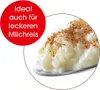 A close-up of rice pudding sprinkled with cinnamon, with a red circle overlay containing German text. Produktbild-Vorschau