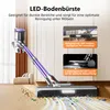 A purple and gray cordless vacuum cleaner is shown on a wooden floor with debris being vacuumed up. There are inset images highlighting features. Produktbild-Vorschau