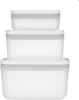 Three white plastic food storage containers of varying sizes stacked on top of each other against a white background. Produktbild-Vorschau