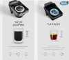Two side-by-side comparisons of coffee machine adapters, one for K-cups and one for Lavazza pods, with accompanying descriptions and intensity charts. Produktbild-Vorschau