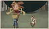 A cartoon girl on a bicycle is being chased by a large black object, with a dog running behind her. Produktbild-Vorschau