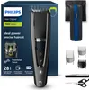 A product shot of a Philips hair clipper and its accessories, presented on a dark blue background with marketing text. Produktbild-Vorschau