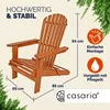 A wooden Adirondack chair is shown with dimensions and feature callouts. Produktbild-Vorschau