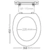 A diagram showing the dimensions of a toilet seat. Produktbild-Vorschau