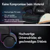 Close-up marketing image showing details of a gaming chair's materials and wheels, with text highlighting quality features. Produktbild-Vorschau