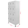 A tall, white metal locker unit with 12 compartments, displayed against a white background with dimension labels. Produktbild-Vorschau